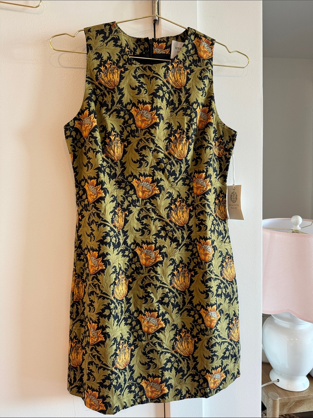 Fall Olive & Gold Floral Jacquard Sleeveless Mini Dress